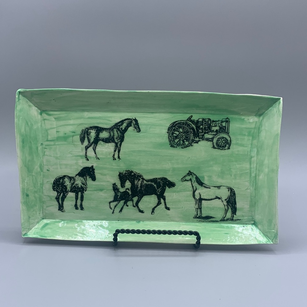 Rectangle Pottery Trinket Dish Platter Horse Decals Tractor Blue Roses Underlay